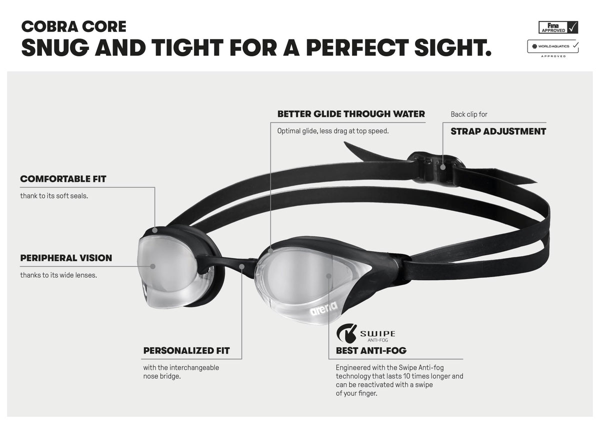 ARENA COBRA CORE SWIPE MIRROR GOGGLES SILVER LENSES
