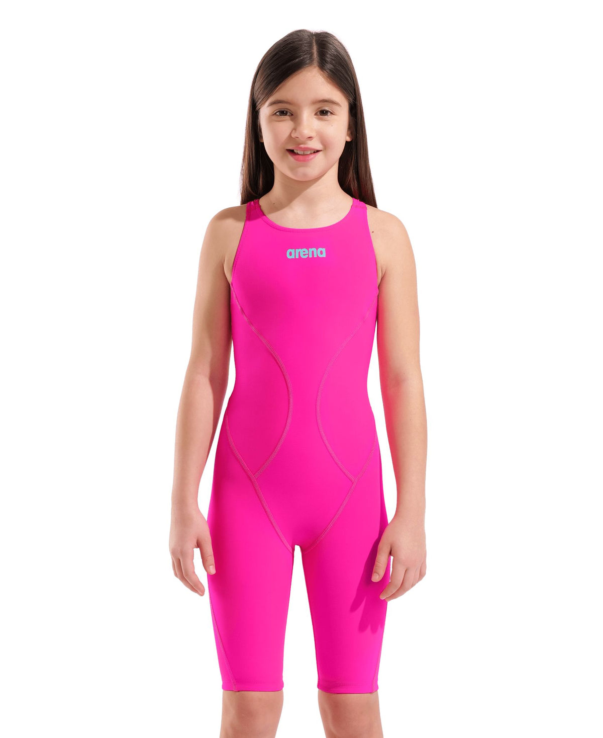ARENA GIRLS POWERSKIN IMPULSO SHOCKING PINK & WATER OPEN BACK KNEESUIT