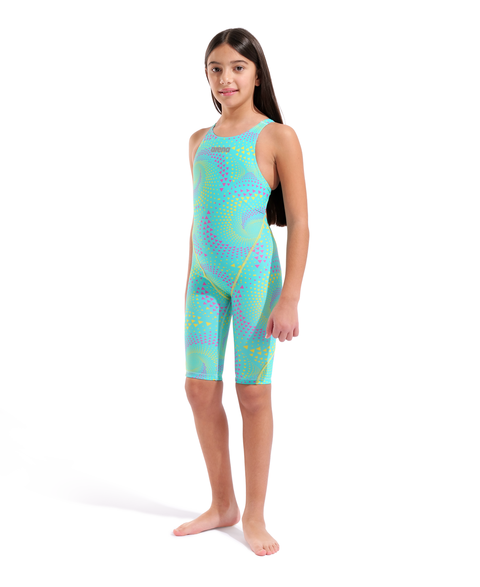 ARENA GIRLS POWERSKIN ST NEXT FIREFLOW SEAGLASS OPEN BACK KNEESUIT - Aqua