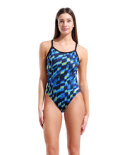 ARENA WOMENS AQUA GLEAM WAVE SWIMSUIT CHALLENGE BACK