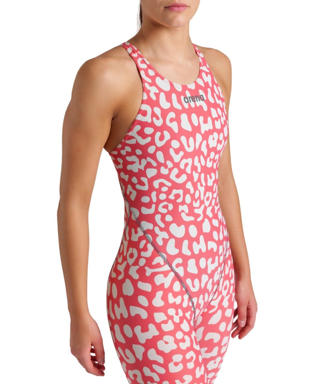 ARENA WOMENS LEOPARD SKIN GERANIUM POWERSKIN ST NEXT OPEN BACK KNEESUIT