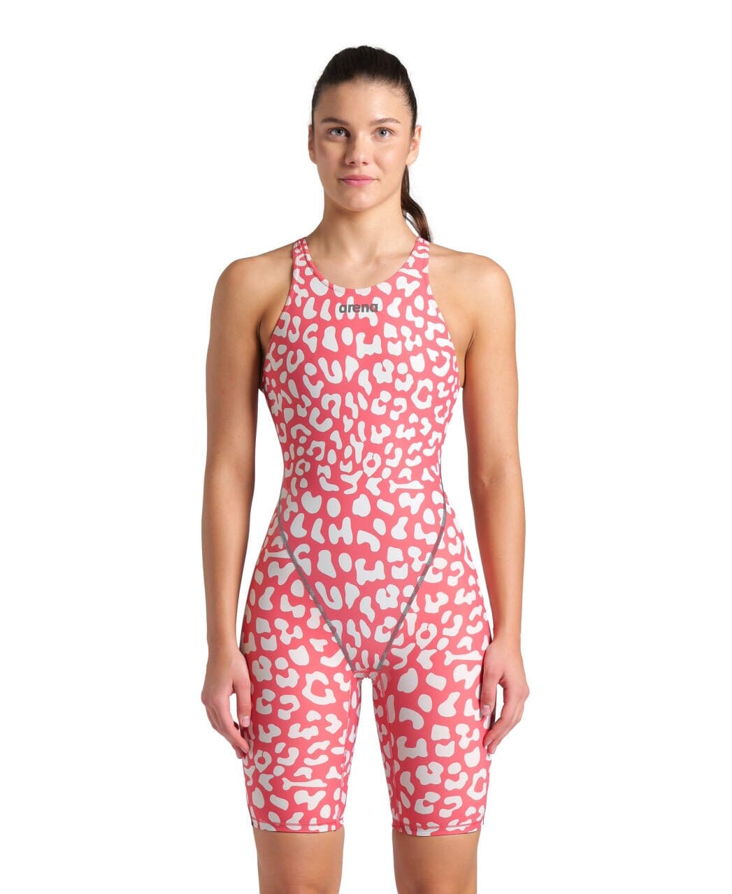 ARENA WOMENS LEOPARD SKIN GERANIUM POWERSKIN ST NEXT OPEN BACK KNEESUIT