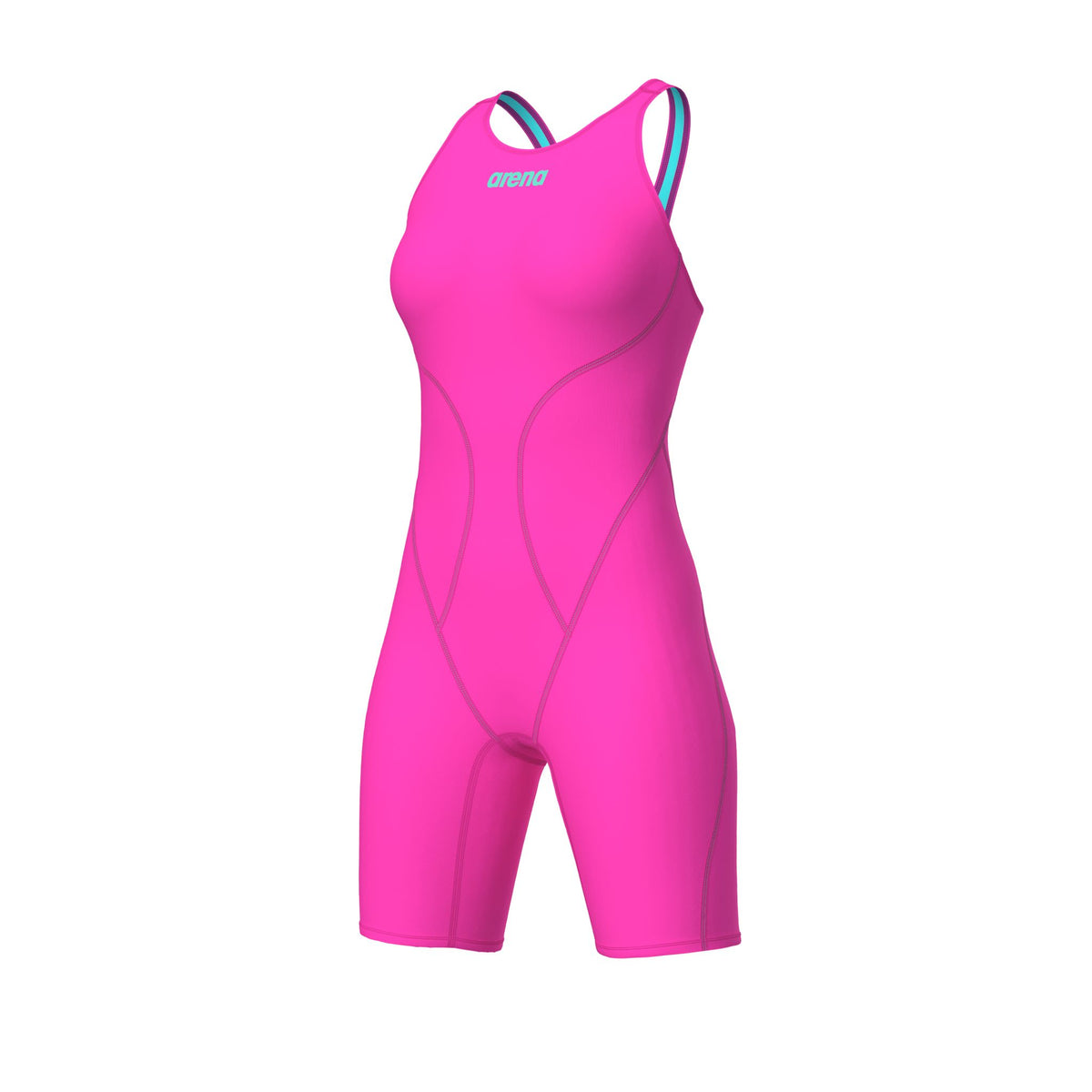 ARENA WOMENS POWERSKIN IMPULSO SHOCKING PINK & WATER OPEN BACK KNEESUIT