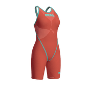 ARENA WOMENS POWERSKIN SUNSET CORAL CARBON GLIDE OPEN BACK KNEESUIT - Coral